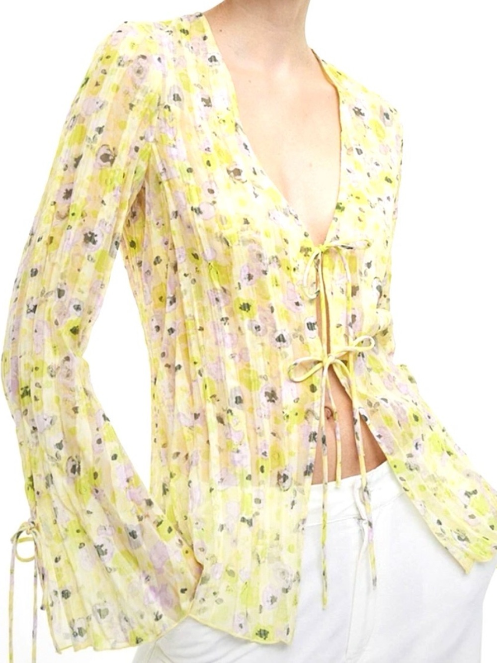 H&M Yellow Floral Sheer Tie Front Blouse Size M – Like New